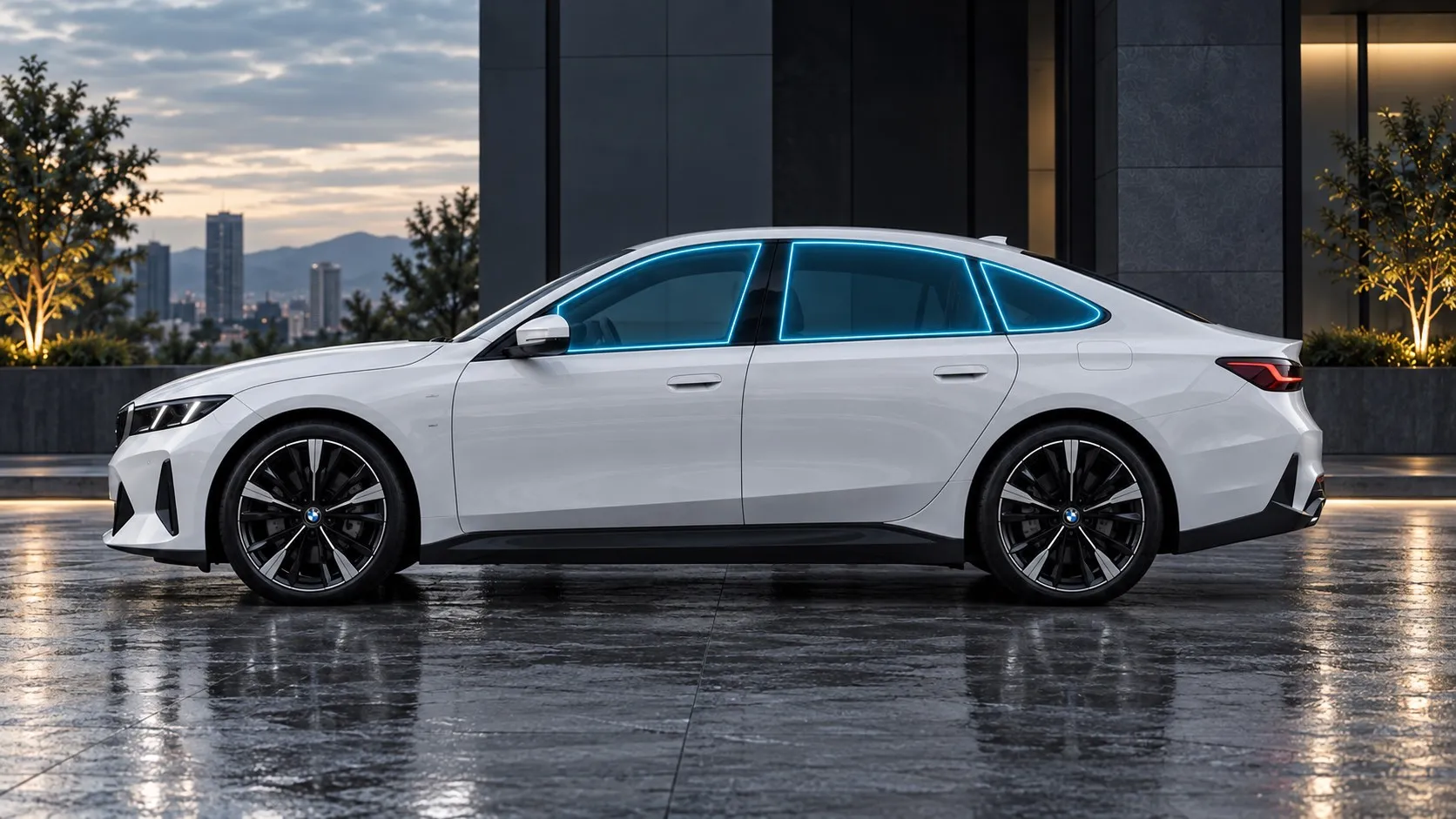 白色 BMW 轿车侧面，荧光标出前后门窗及小窗贴膜位置